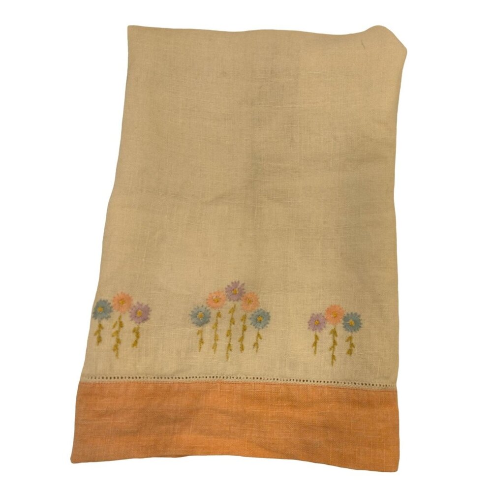 Vintage Hand Embroidered Linen Tea Towel Floral Design Peach Hem